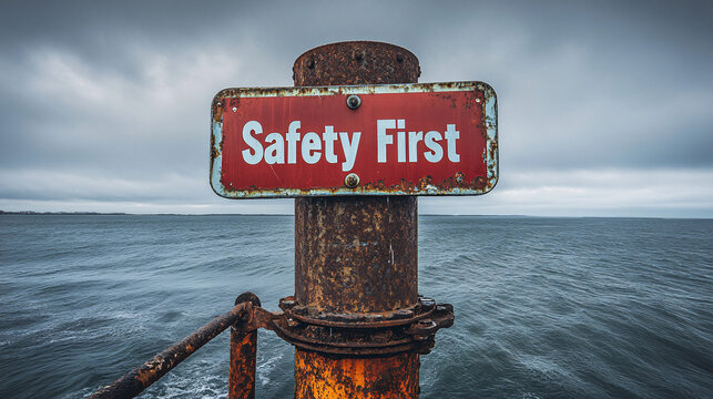 Maritime safety first sign on a weathered rusty pylon at the ocean's edge, a reminder of caution and preparedness in the face of nature's power