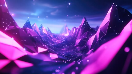 Futuristic digital landscape with glowing purple crystals and particles