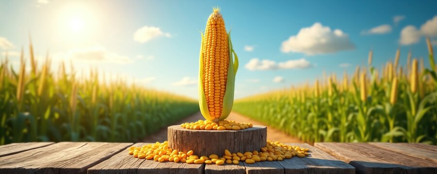 Single ear of corn stands on rough wood pedestal amid golden kernels. Lush green cornfield stretches to horizon under bright blue sky with fluffy clouds. Sunny day illuminates verdant farm landscape.