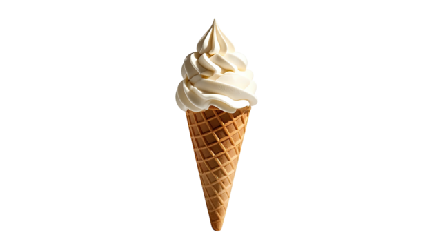 Vanilla soft serve ice cream in waffle cone, isolated on black