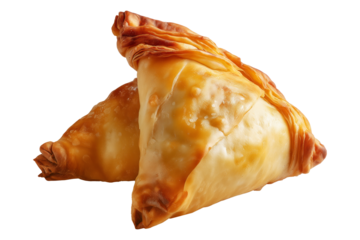 Flaky filled puff pastries pocket with melted cheese oozing out, isolated on white transparent background, concept of Brazil snack