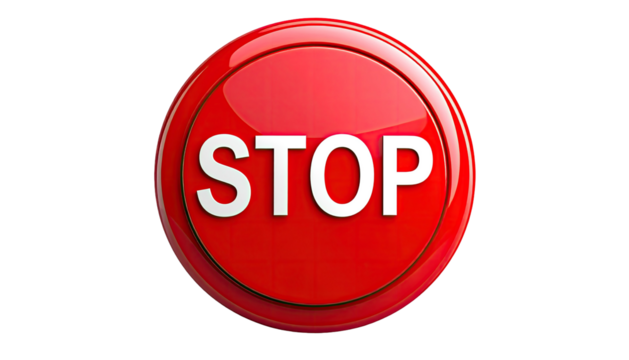 Red, glossy "STOP" button against a black background