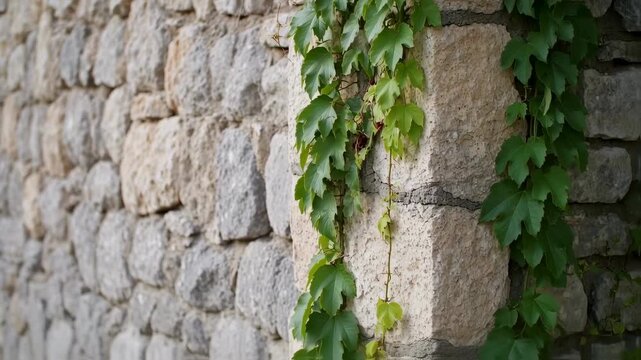 Green ivy growing on weathered stone wall with natural textures