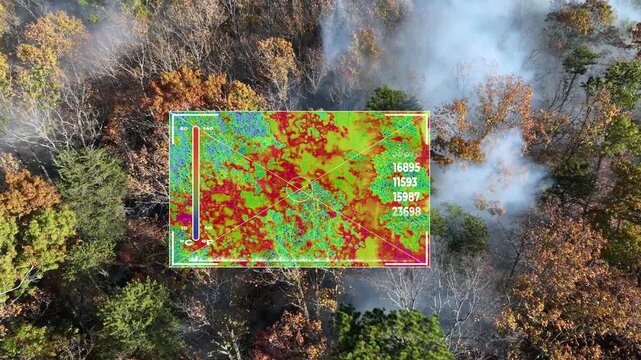 Active forest fire with rising smoke and an overlaid thermal heat-mapping interface animation of temperature zones and hotspots across the burning woodland during emergency response analysis.