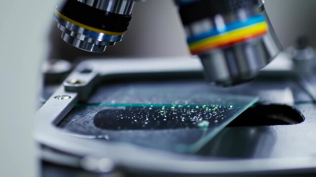 Close up view of microscope lens focusing on slide with particles for scientific analysis