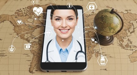 Global healthcare and telemedicine concept. Doctor on a smartphone for online consultation. A globe and medical icons over a world map symbolize international health, technology, and medical tourism.