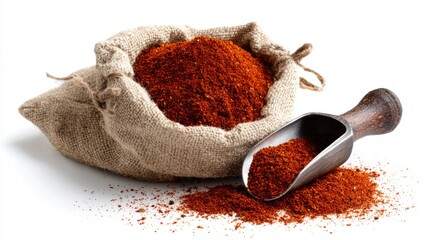 A bag of red pepper sits on a table next to a wooden spoon