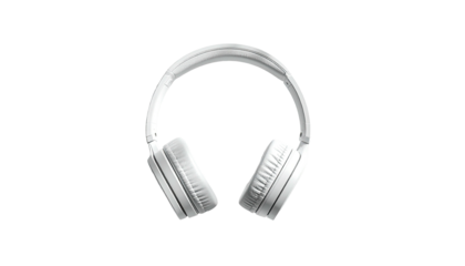 White over-ear headphones angled slightly down, on black