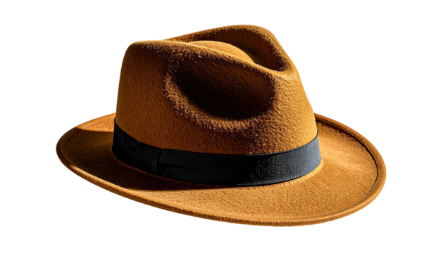 Classy brown fedora with black band, shadowed on black background