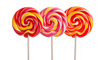 Three colorful spiral-design candies on sticks, set against a solid black background. The lollipops showcase vibrant swirls
