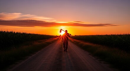 Person walking on a dirt road towards a vibrant sunset with sun rays.