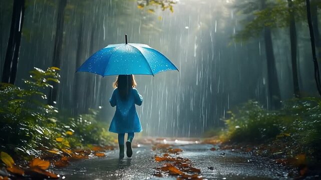 Young child walking alone with a blue umbrella in a rainy forest path