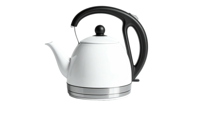 White kettle with black handle, base trim, on black backdrop