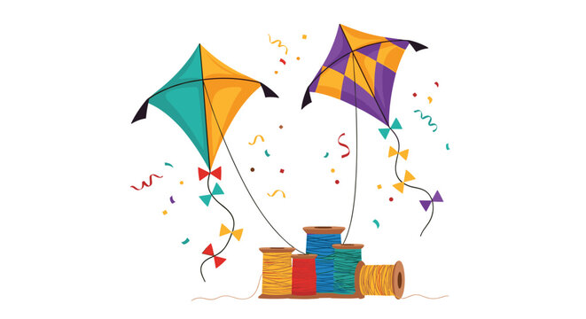 Colorful kites soaring high with spools of thread and ribbons.