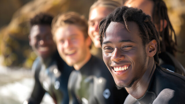 Smiling surfers, copy space