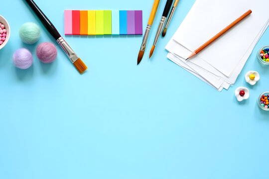 Art supplies on blue background creating a colorful and creative workspace setup top view