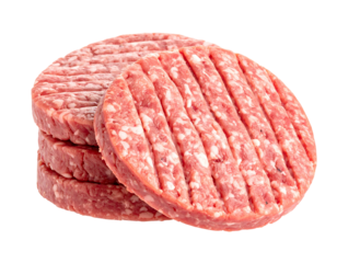 Close-up of four raw meat patties, with distinct grill marks, arranged in a stack against a transparent background