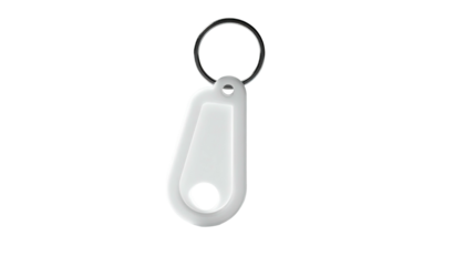 White, rounded, droplet-shaped keytag with ring on dark background