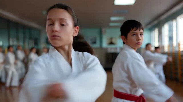 Kids training in karatedo at a local dojo with focus on discipline and teamwork during evening practice session
