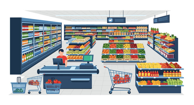 Grocery store interior with shelves and shopping carts.