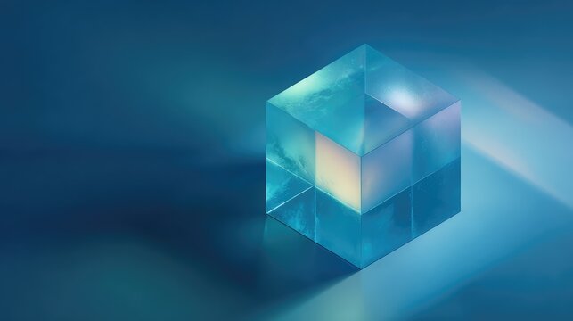 Transparent blue cube structure reflecting light on surface