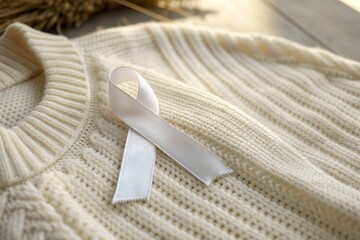 a close up shot displays a soft cream colored knit sweater with a delicate white ribbon pinned to its textured surface symbolizing awareness
