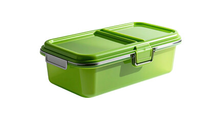 Green plastic lunchbox with latch, isolated against black