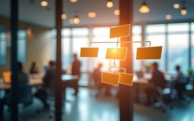 An abstract digital representation of an organizational chart, illuminated by soft daylight, highlighting the structure of a team in a modern office setting. High quality