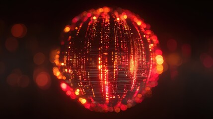 Digital sphere with glowing red data streams on dark background