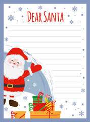 New Year letter to Santa Claus, wish list.  Cute Santa Claus with gifts. Holiday new year decoration template.