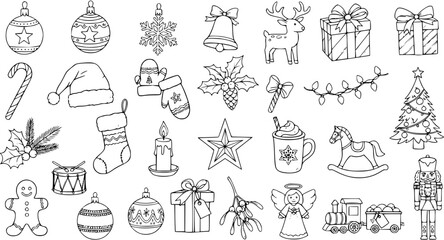 Christmas Holiday Doodles Set. Hand-Drawn Outline Icons Collection. Vector Line Art Elements for Seasonal Design, Decorations, and Coloring Pages.