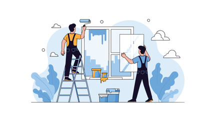 Painters working on window applying paint renovation concept.