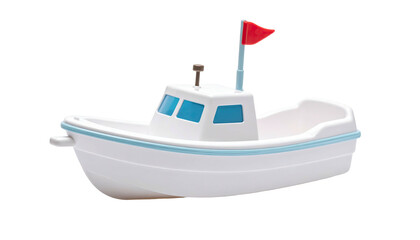 Small, white plastic toy boat with red flag, isolated