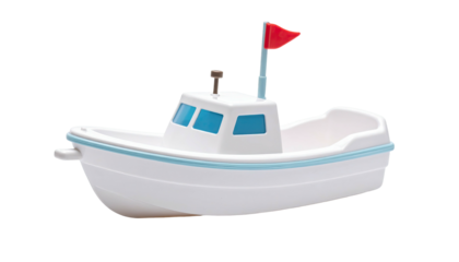 Small, white plastic toy boat with red flag, isolated