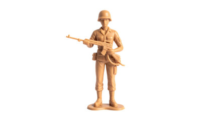 Plastic toy soldier stands poised with rifle against black background