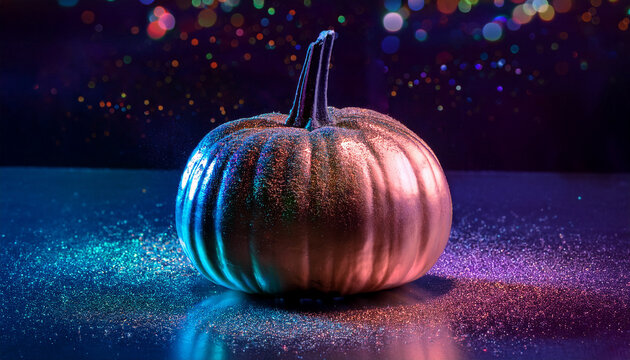 Metallic Pumpkin with Neon Lights and Colorful Glitter on Dark Background. Generated Image