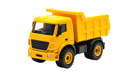 Bright yellow toy dump truck, angled, on a plain dark background