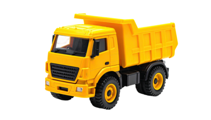 Bright yellow toy dump truck, angled, on a plain dark background