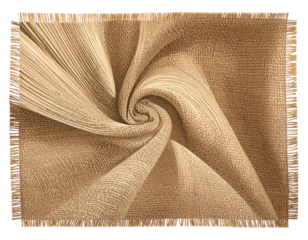 Close-up view of textured fabric. A spiral pattern is formed by the woven material. The borders have a fringe