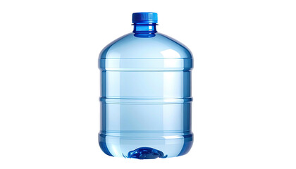 Large clear plastic water jug with blue cap, black background
