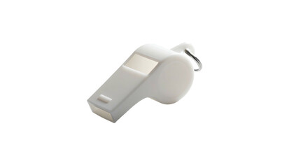 Clean white referee whistle with silver ring against black