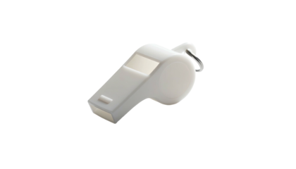 Clean white referee whistle with silver ring against black