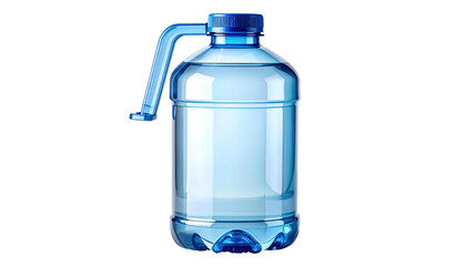 Clear plastic water bottle with blue cap and handle on black