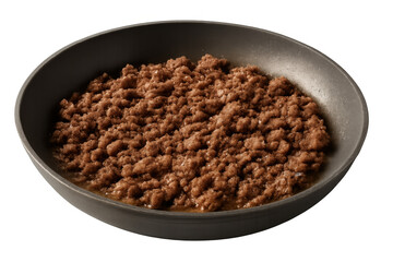 Cooked ground beef, also known as minced meat, served in a dark pan or bowl, rich in protein, with a transparent background