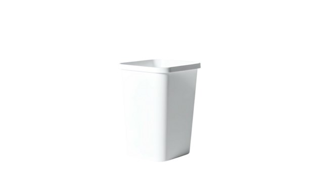 Upright, clean, white square container against a stark black field