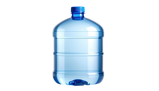 Large clear plastic water jug with blue cap, black background