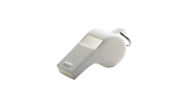 Clean white referee whistle with silver ring against black