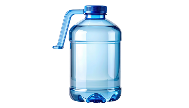Clear plastic water bottle with blue cap and handle on black
