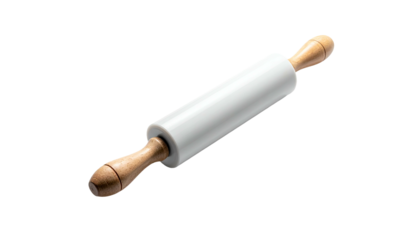 White rolling pin with wooden handles on black