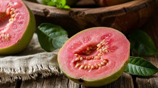 Fresh pink guava fruit cut in half on a rustic wooden table with green leaves, showcasing its vibrant flesh and seeds.